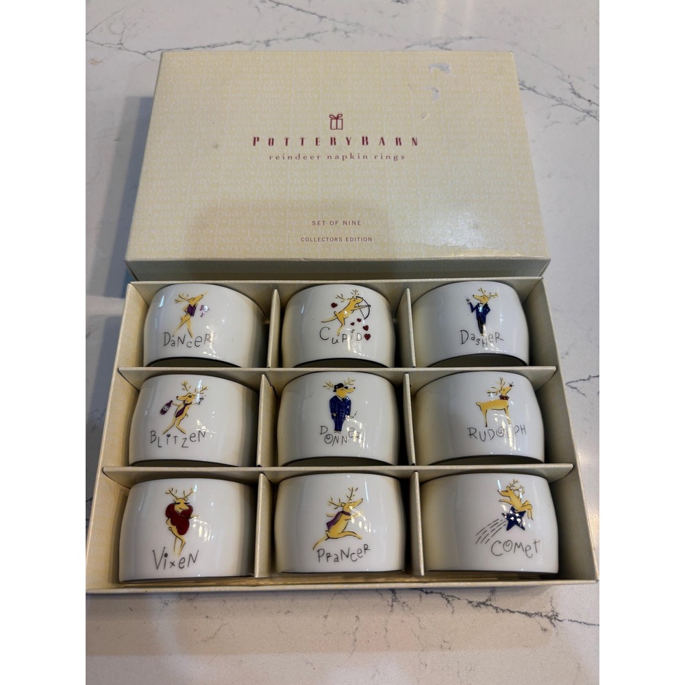 Pottery Barn Reindeer Names Napkin Rings NEW Christmas Set of 9
